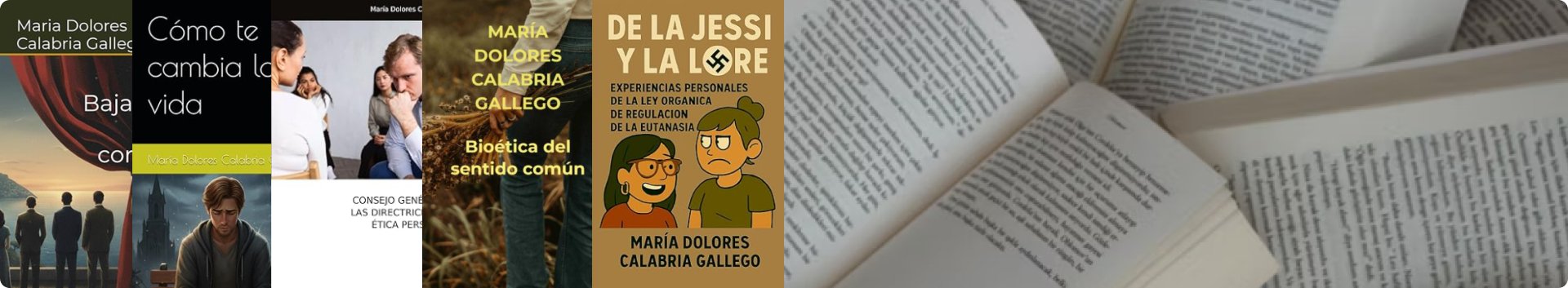 Composición con las portadas de los libros escritos por la Dra. María Dolores Calabria, neuróloga y divulgadora científica, sobre neurología, ciencia y humanismo.