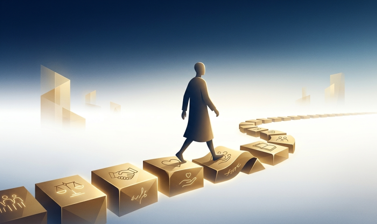 Ilustración conceptual de un hombre caminando sobre bloques de valores morales y ética que se doblan y adaptan a su paso, representando la ley de la conveniencia.